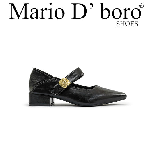 Mario D' boro Women's LZ 30311 C97 Black Mary Jane shoe with gold buckle and block heel.