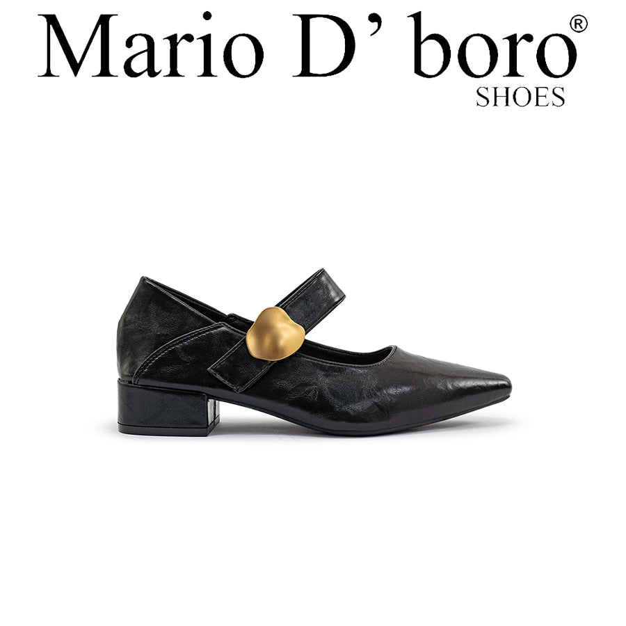 Mario D' boro Women's LZ 30312 C97 Black leather Mary Jane shoe with gold heart buckle and low block heel.