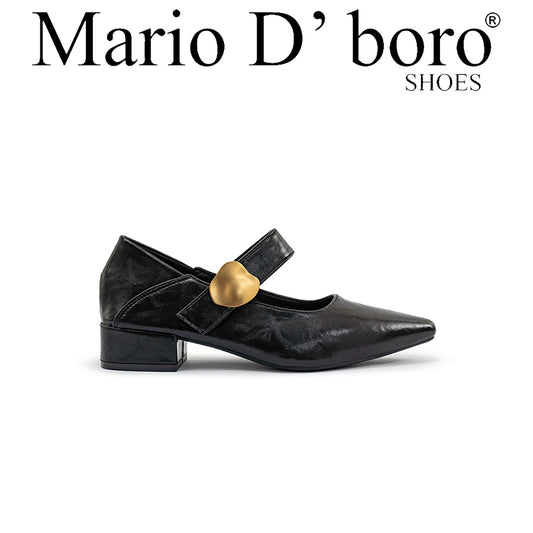 Mario D' boro Women's LZ 30312 C97 Black leather Mary Jane shoe with gold heart buckle and low block heel.