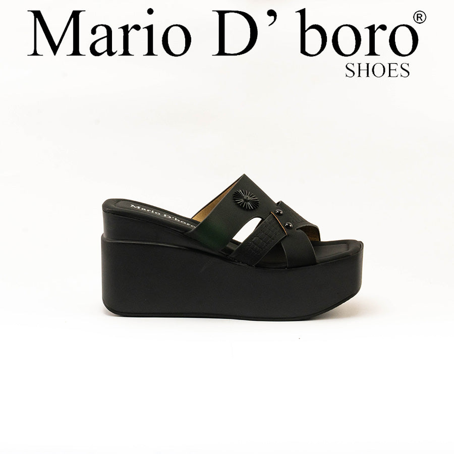 Mario D' boro Women's LZ 27834 C99 Beige / Black wedge sandals with platform sole and decorative sun emblem.