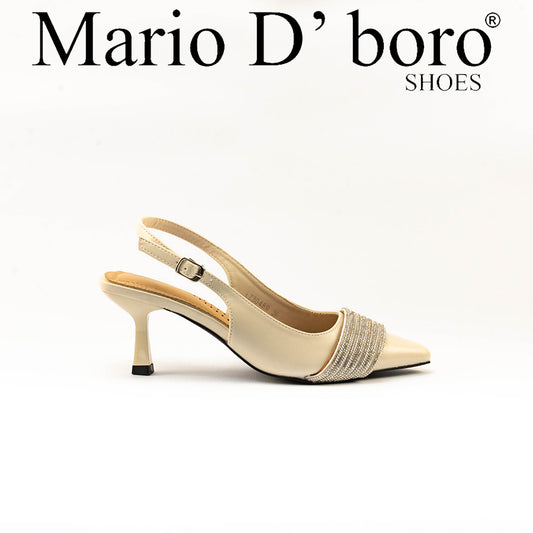 Mario D' boro Women's LZ 30489 C99 Off White / Taupe slingback evening sandals with pointed toe and decorative strap.