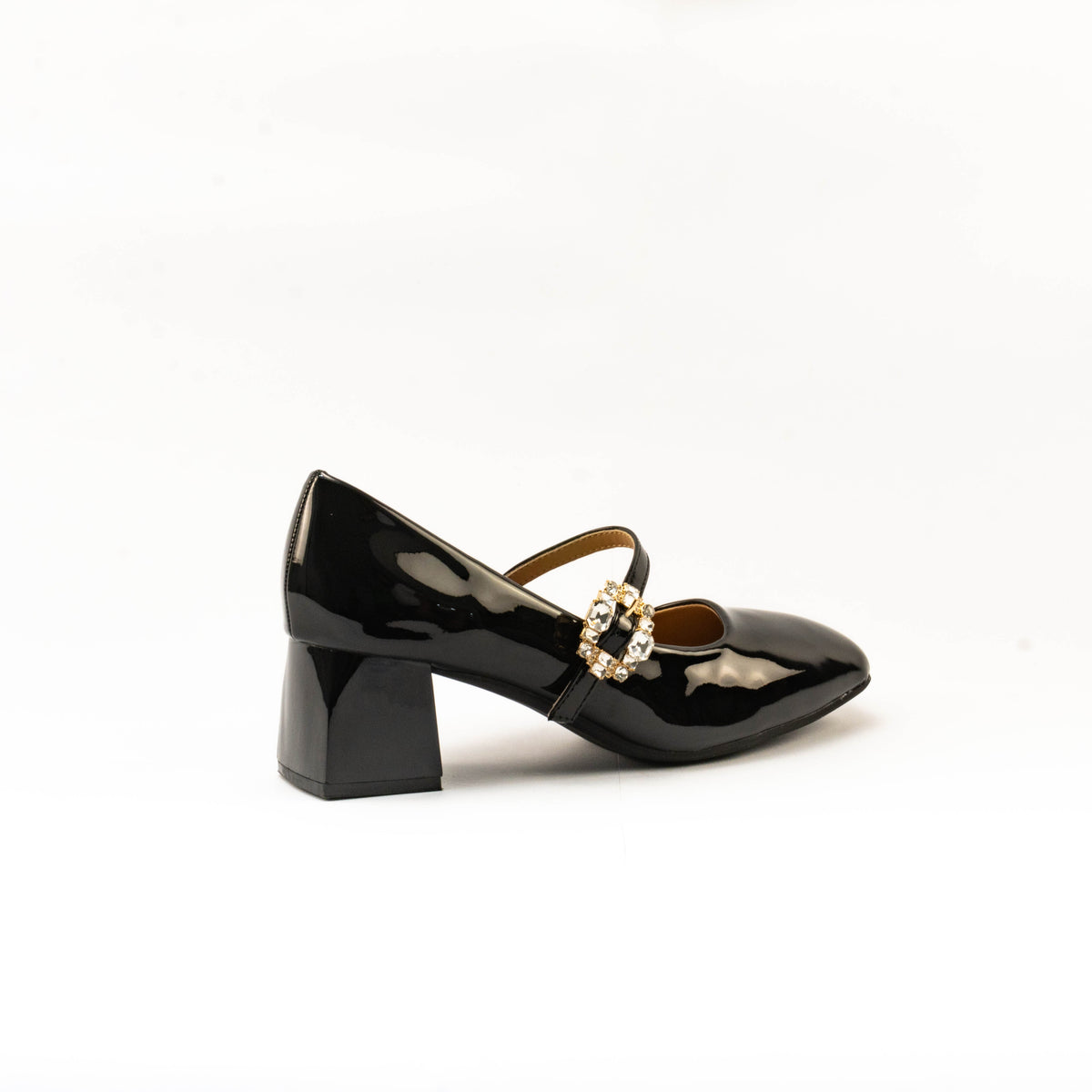 Mario D' boro Women's LZ 30487 C99 Black patent pumps with block heel and decorative buckle.