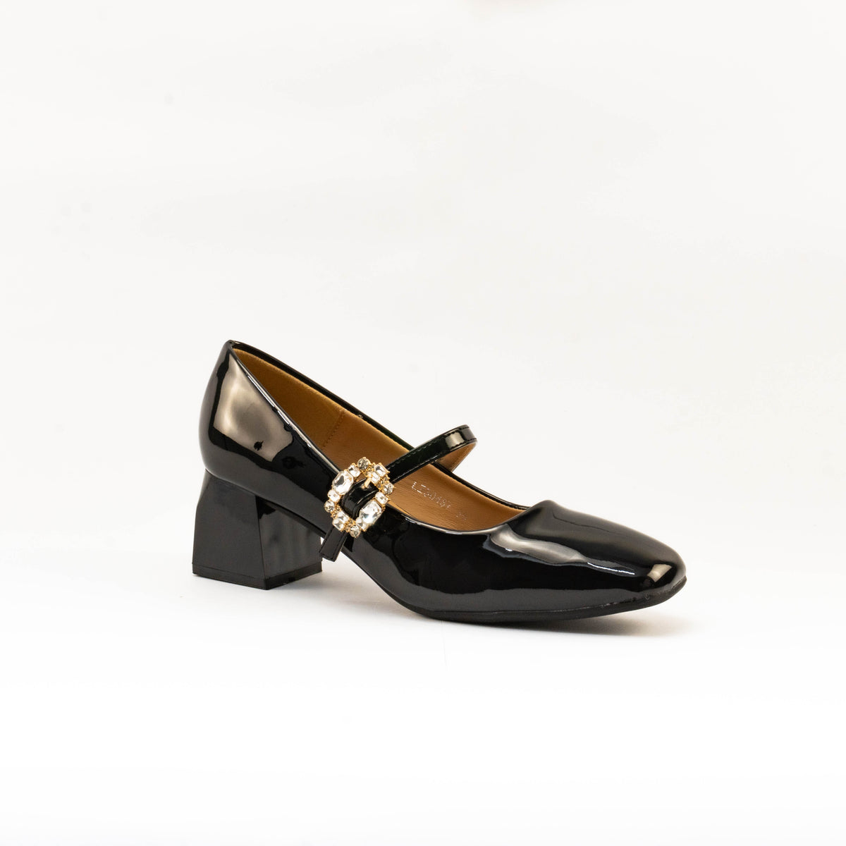 Mario D' boro Women's LZ 30487 C99 Black patent pumps with block heel and decorative buckle.