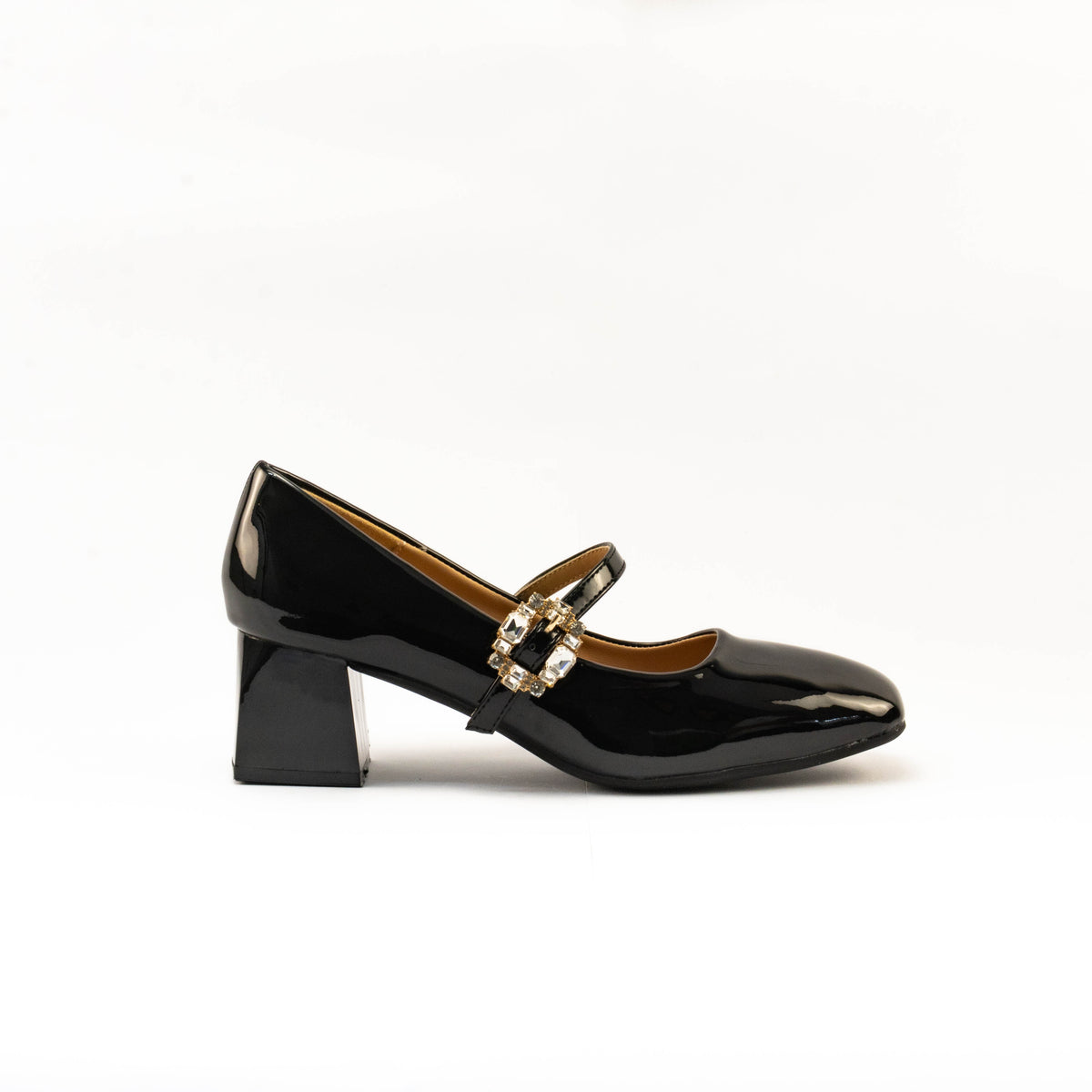 Mario D' boro Women's LZ 30487 C99 Black patent pumps with block heel and decorative buckle.