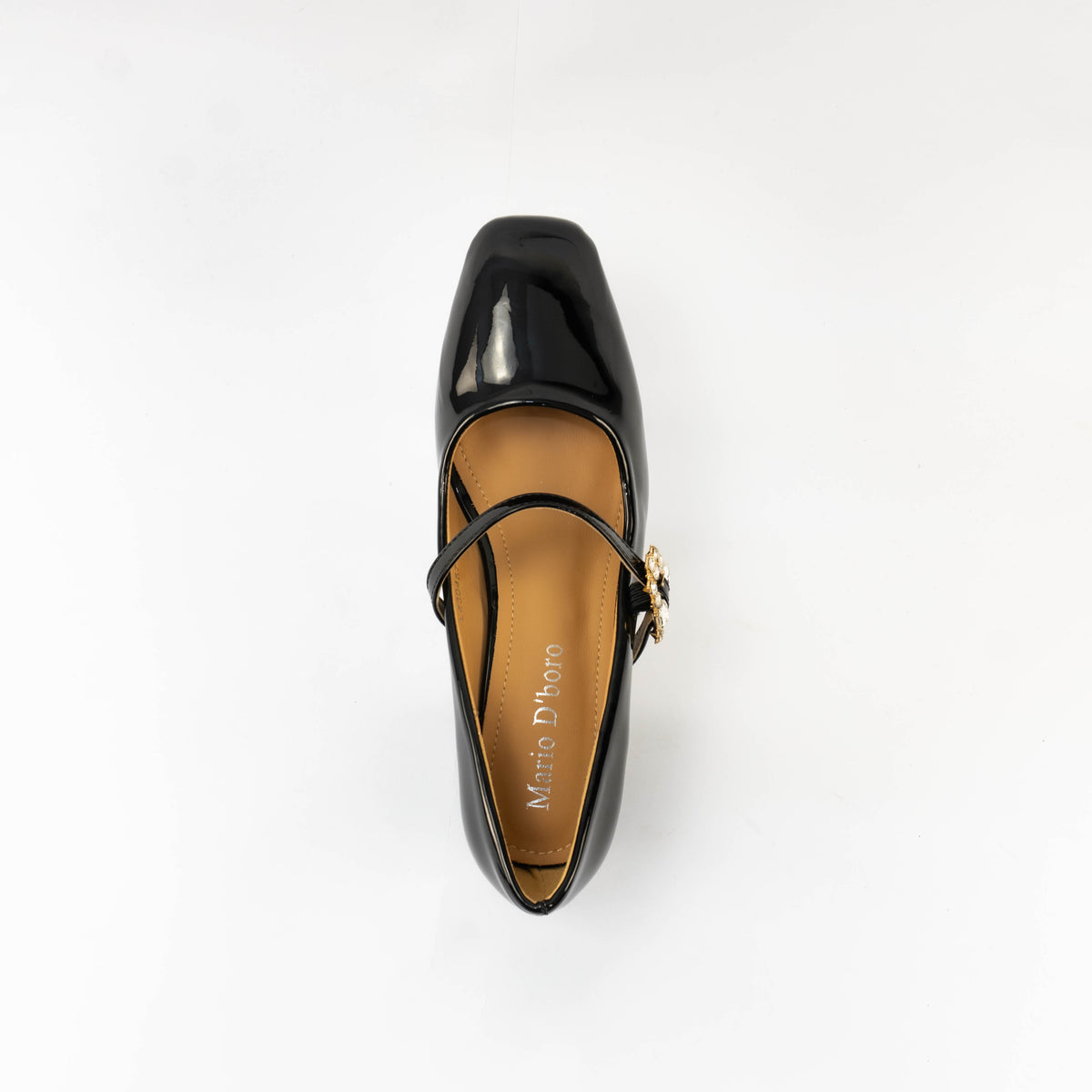 Mario D' boro Women's LZ 30487 C99 Black patent pumps with block heel and decorative buckle.