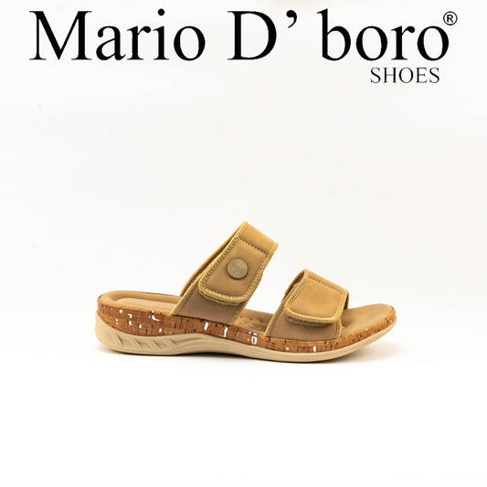 Mario D' boro Women's LZ 30541 C99 Beige / Dark Brown slip-on sandal with two adjustable straps and cork sole.
