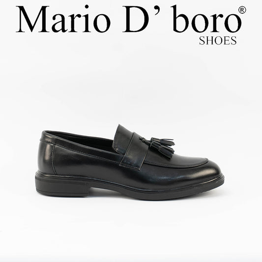 Mario D' boro Men's MZ 27041 C100 Black / Dark Brown leather tassel loafers with rubber soles for formal wear.
